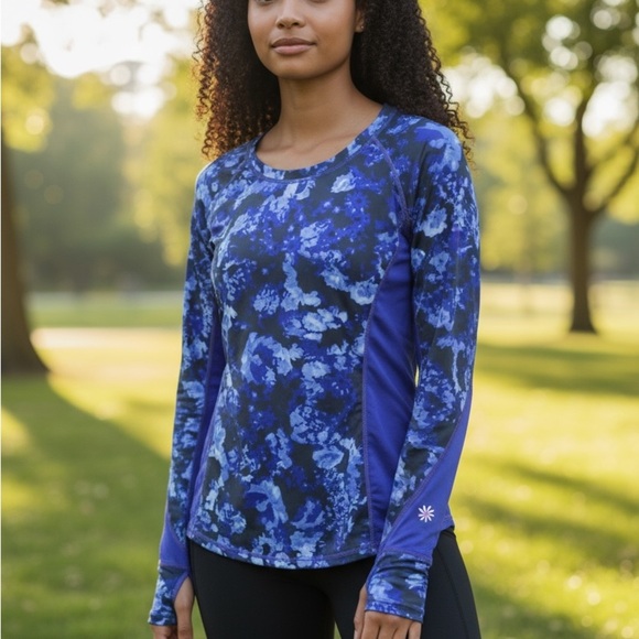 Athleta Vibrant Blue Patterned Long Sleeve Top - Picture 3 of 5